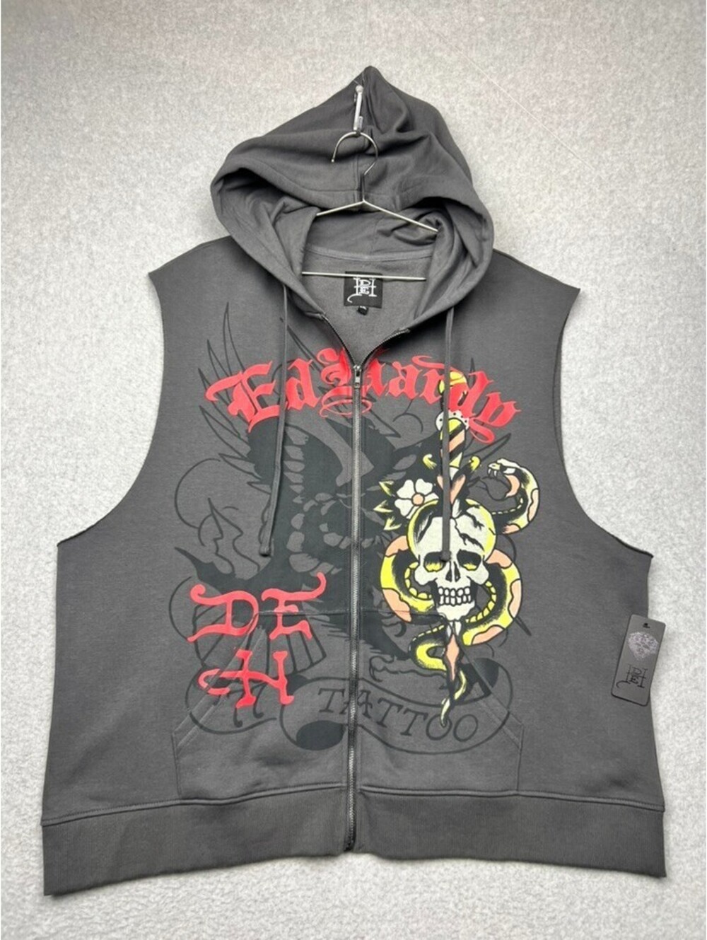 Ed Hardy Sleeveless Zip Hoodie XXL Charcoal Skull Snake Cybersigilism Y2K Mod